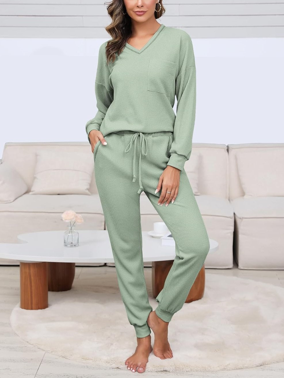 Women's V Neck Waffle Knit Two Piece Lounge Sets