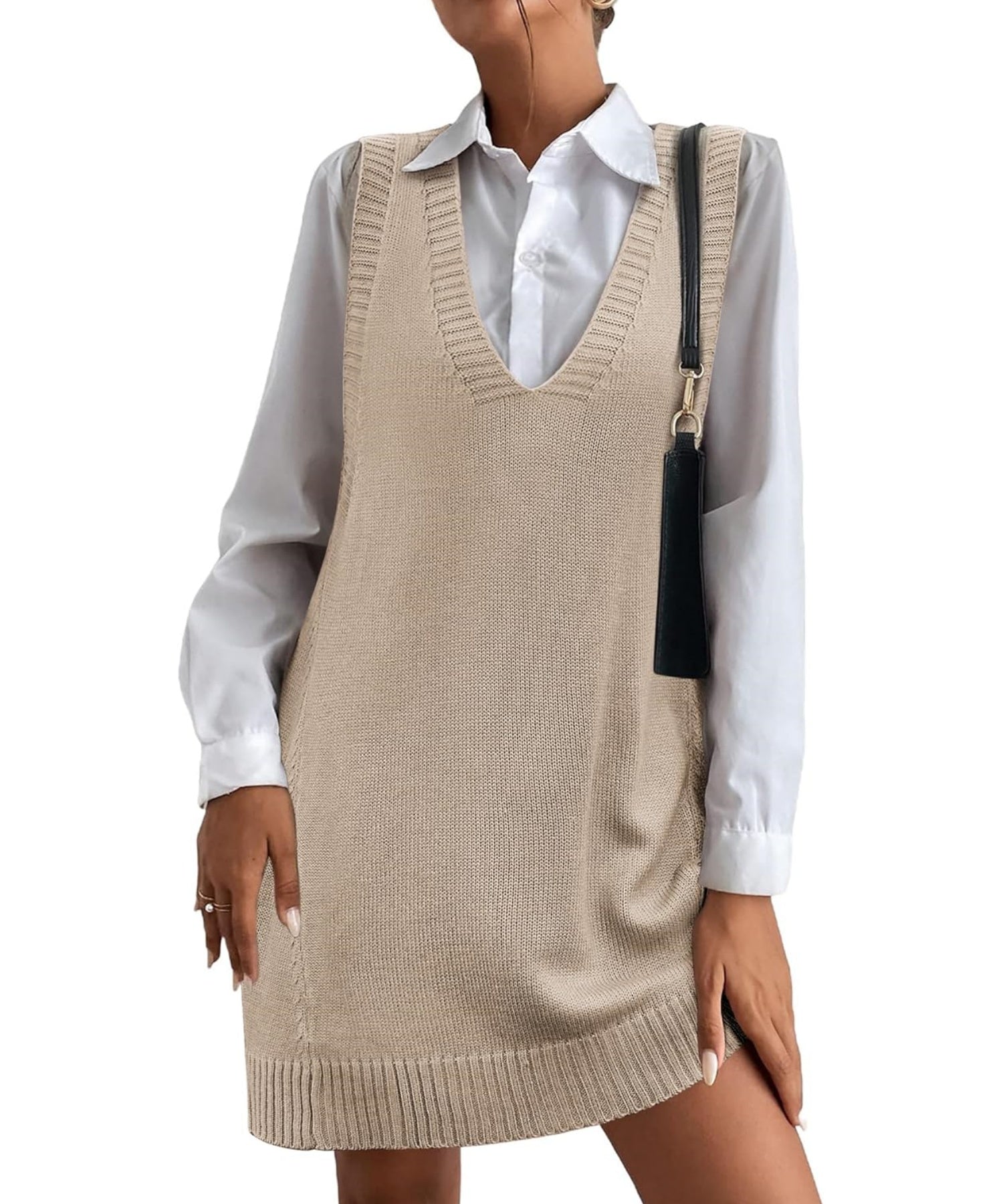 Women's V-Neck Sweater Vest Dress with Pockets