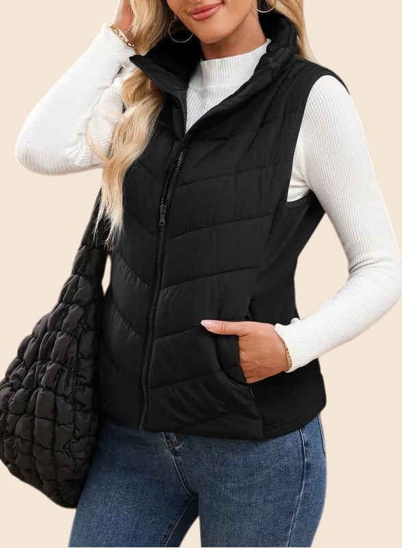 Women's Sleeveless Zip Up Stand Collar Quilted Puffer Vest