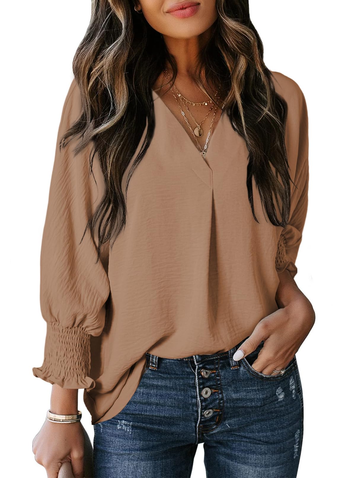 Women's Casual 3/4 Sleeve V Neck Basic Tops