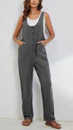 Women's Adjustable Straps Button Up Jumpsuit