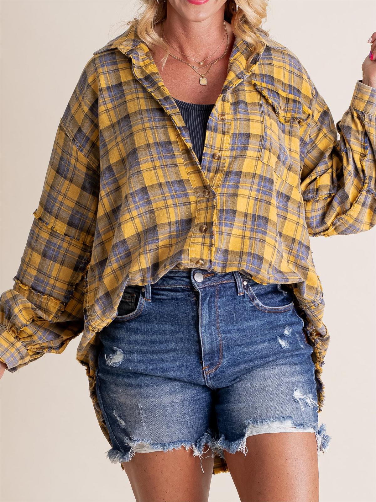 Women's Mineral Washed Button Down Plaid Flannel Shirt