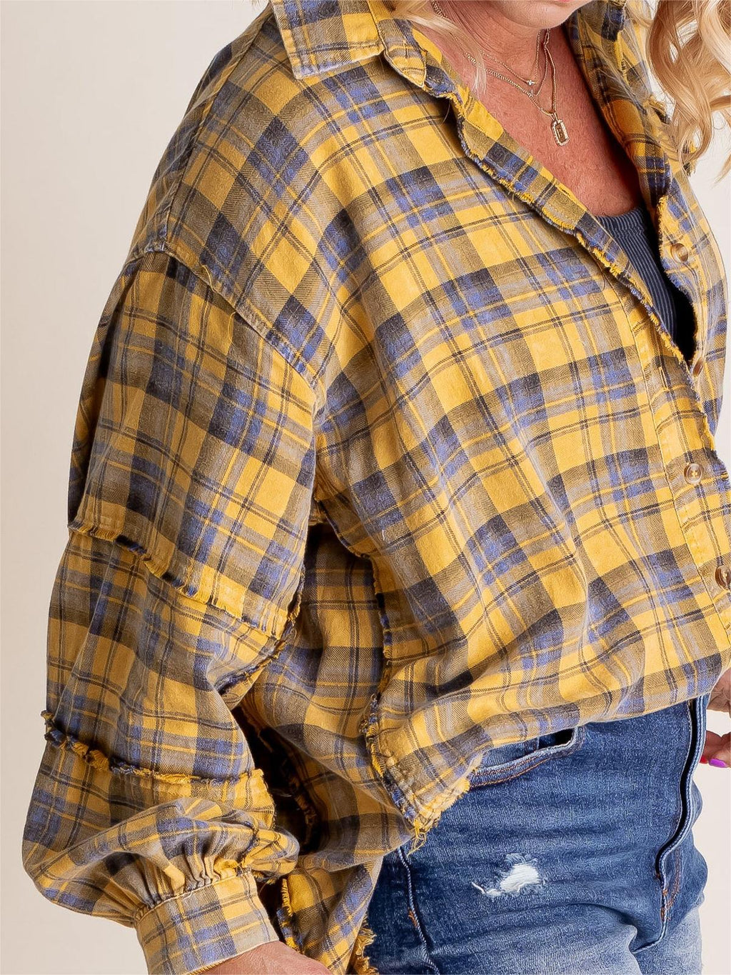 Women's Mineral Washed Button Down Plaid Flannel Shirt