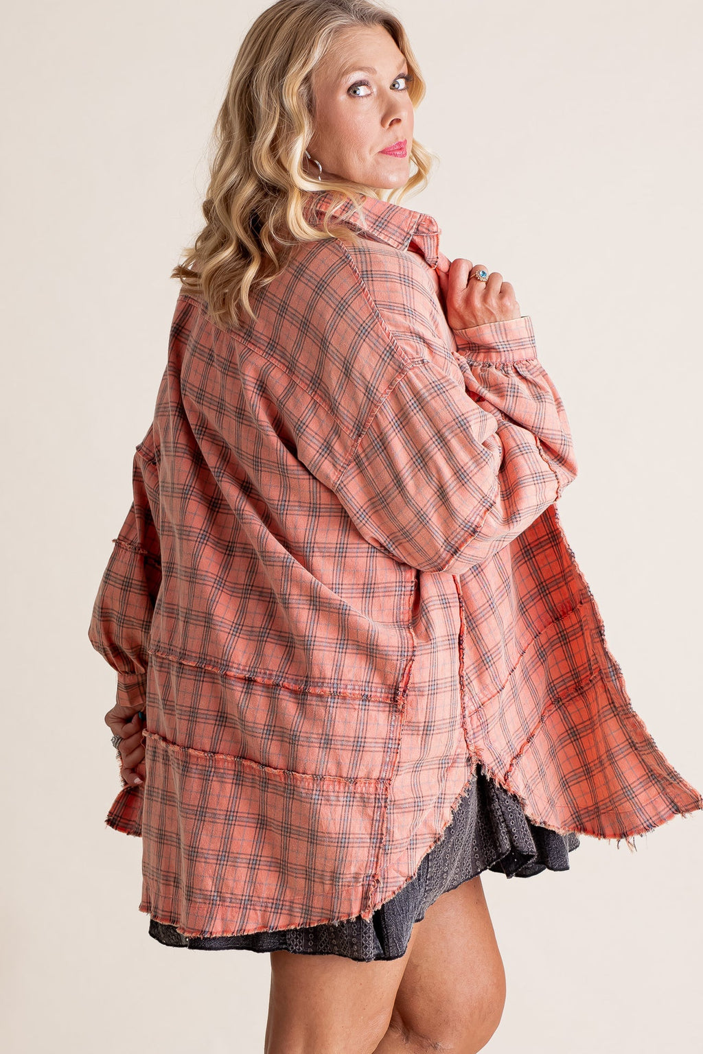 Women's Mineral Washed Button Down Plaid Flannel Shirt