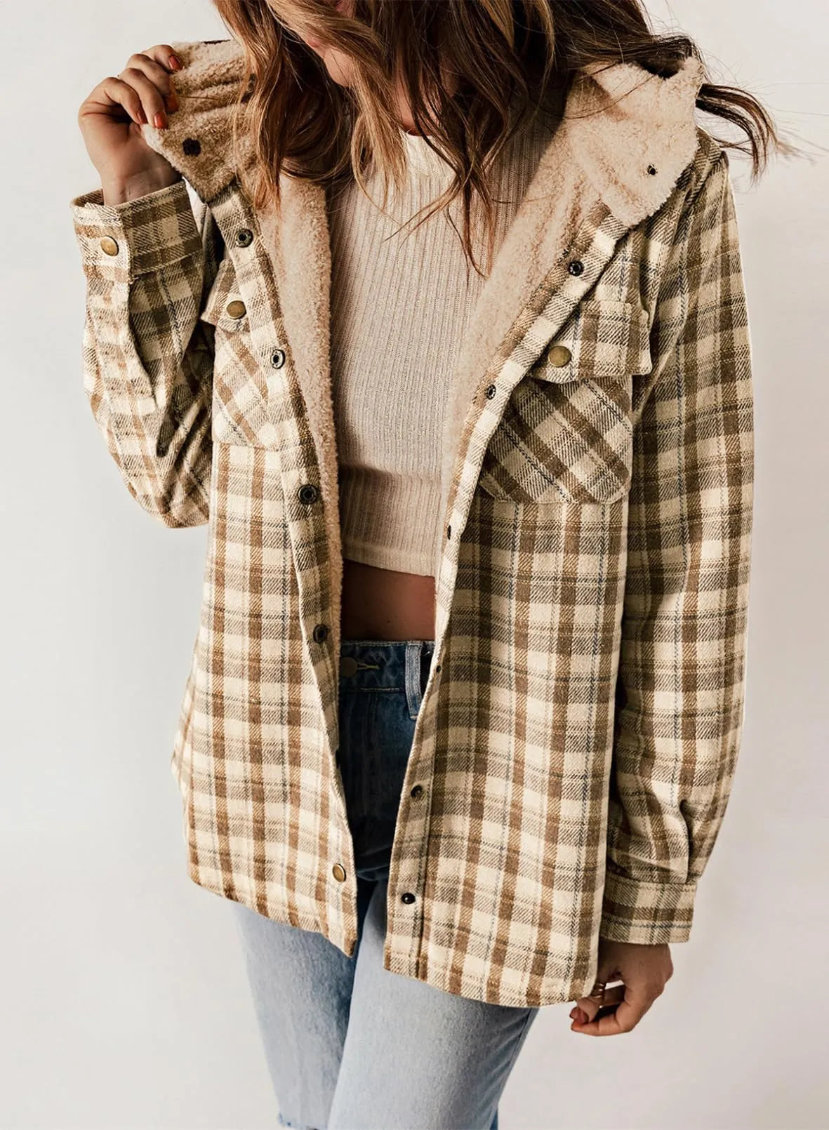 Women's Flannel Plaid Fleece Hooded Jacket