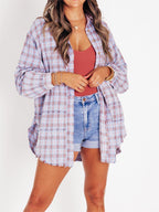 Women's Mineral Washed Button Down Plaid Flannel Shirt