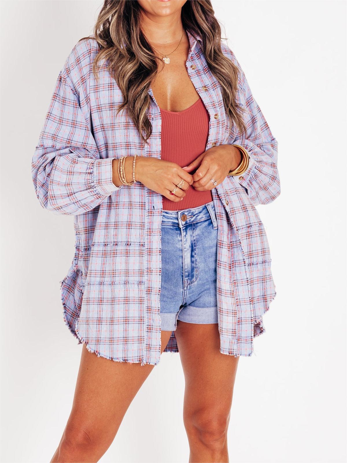 Women's Mineral Washed Button Down Plaid Flannel Shirt