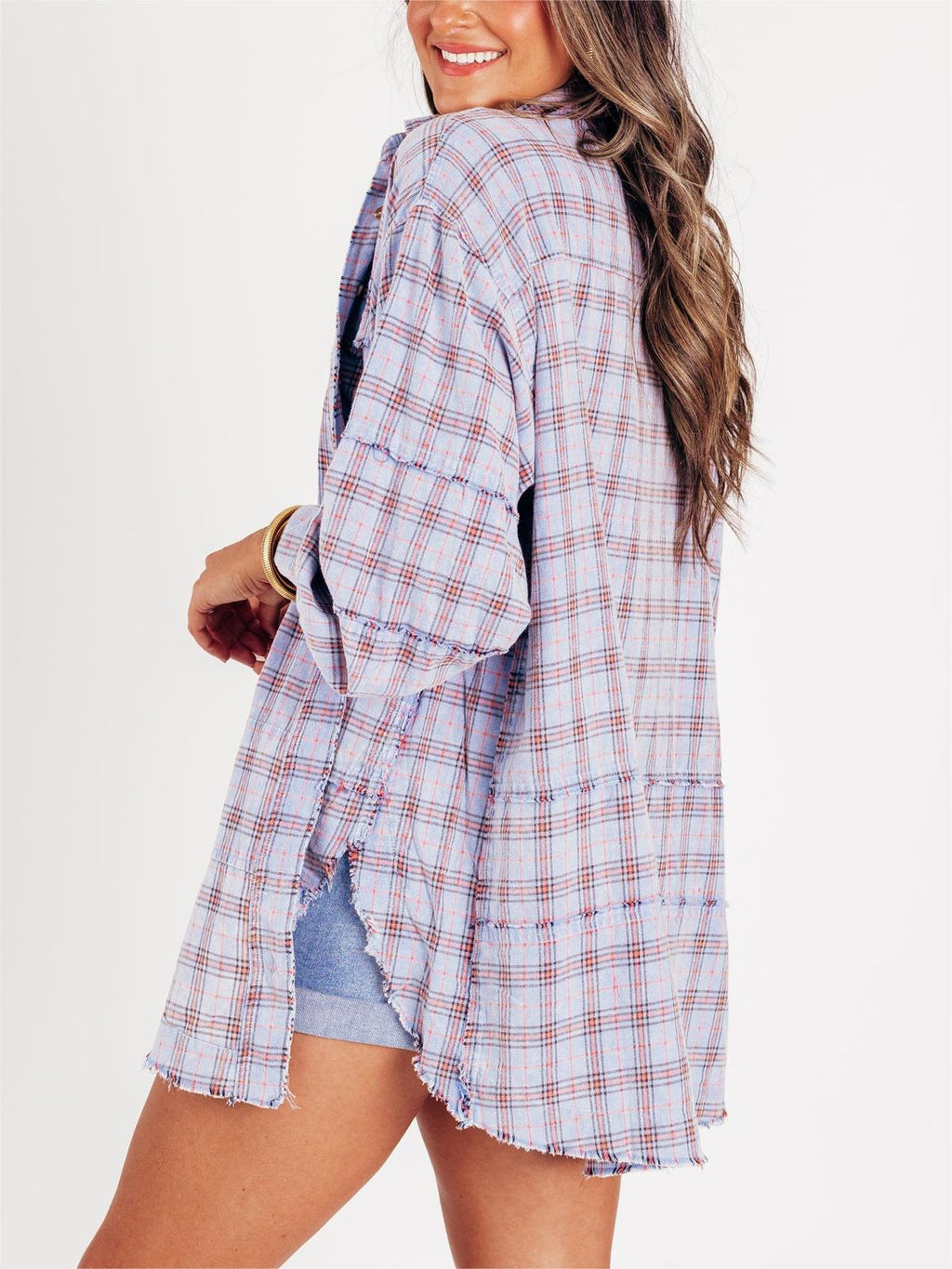 Women's Mineral Washed Button Down Plaid Flannel Shirt
