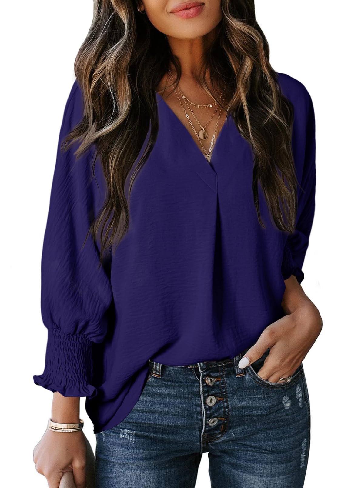 Women's Casual 3/4 Sleeve V Neck Basic Tops