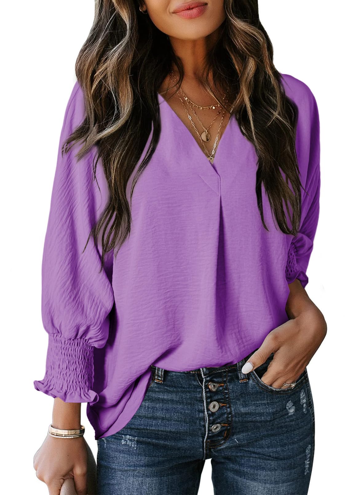 Women's Casual 3/4 Sleeve V Neck Basic Tops