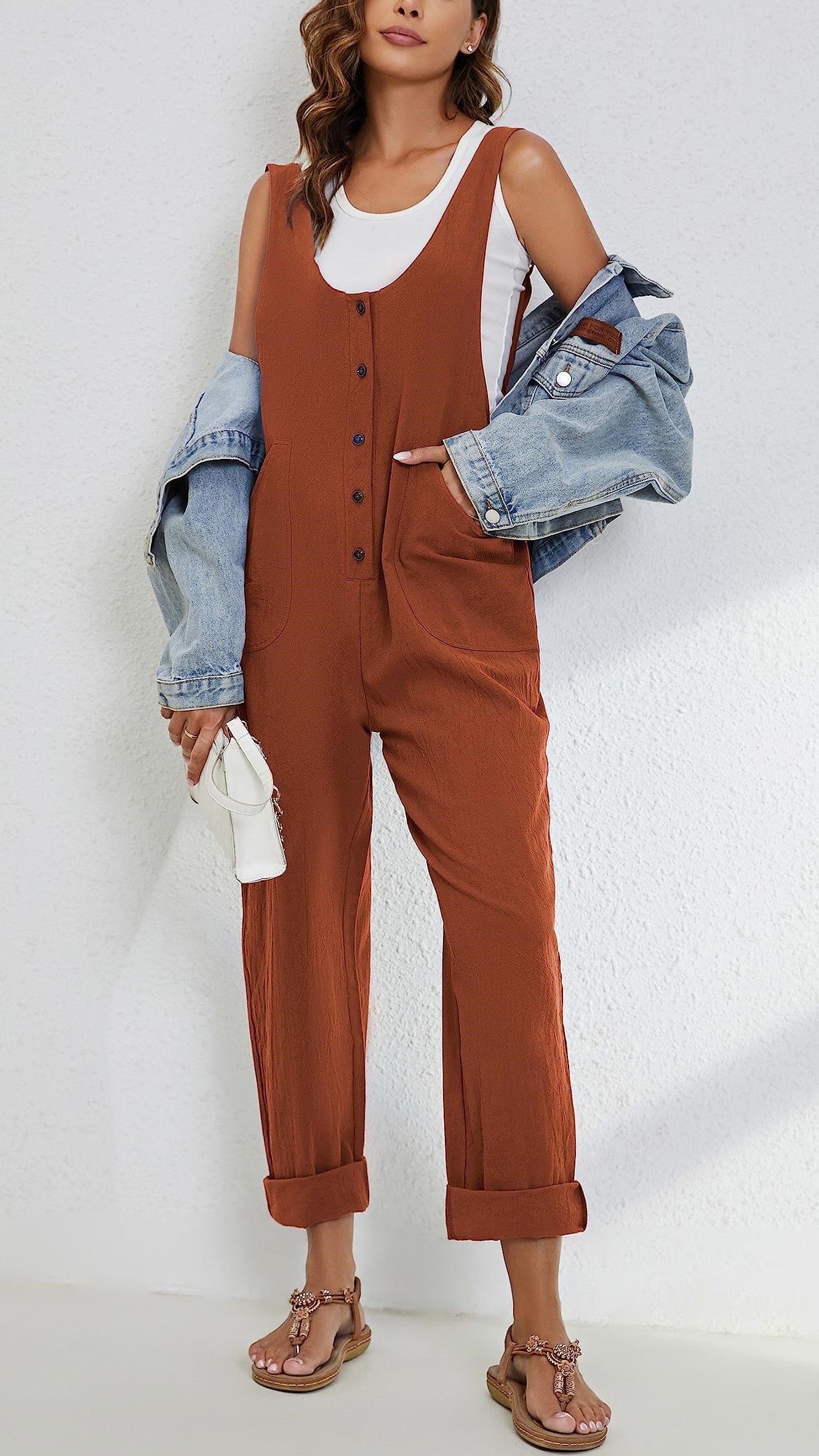 Women's Adjustable Straps Button Up Jumpsuit