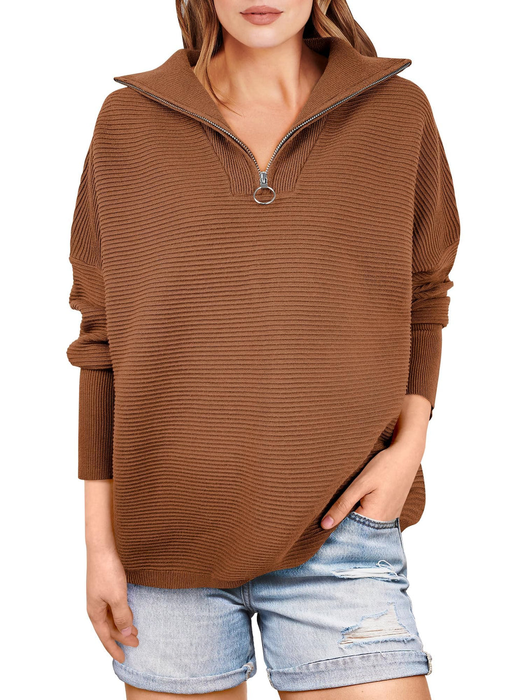 Women's Quarter Zip Rib Knit Cozy Pullover Sweaters