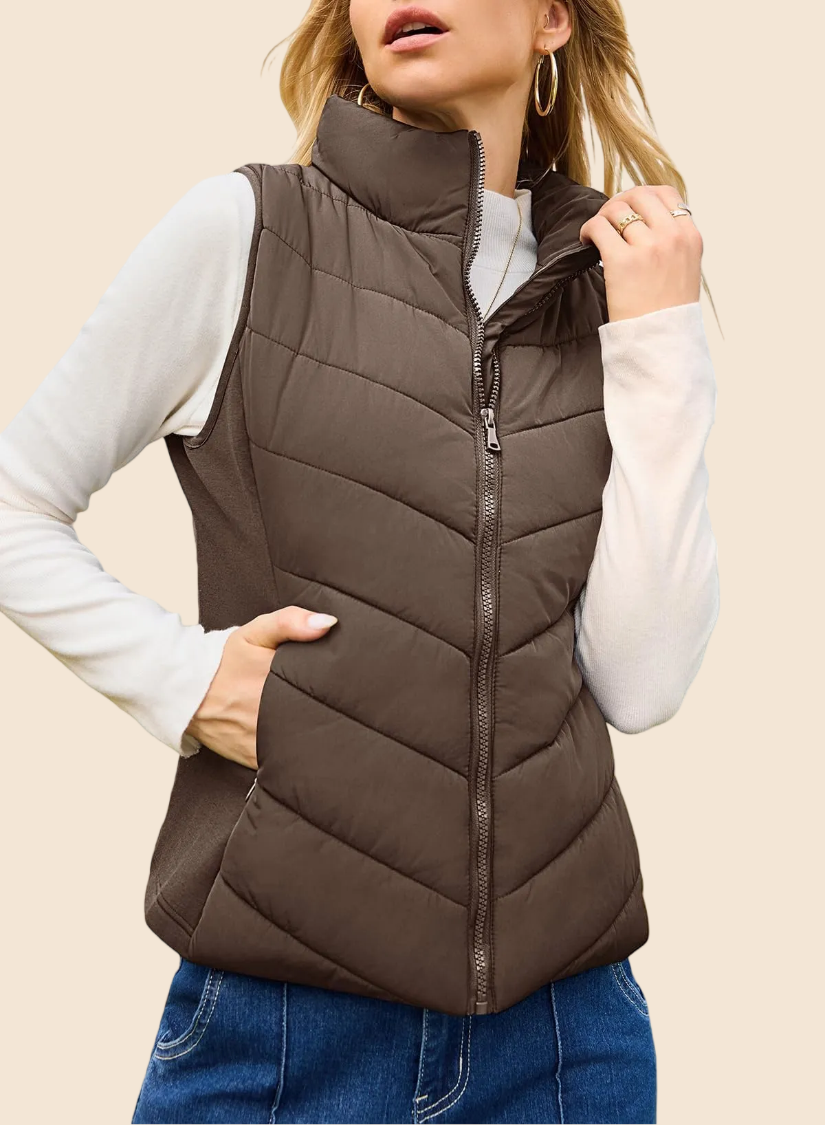 Women's Sleeveless Zip Up Stand Collar Quilted Puffer Vest