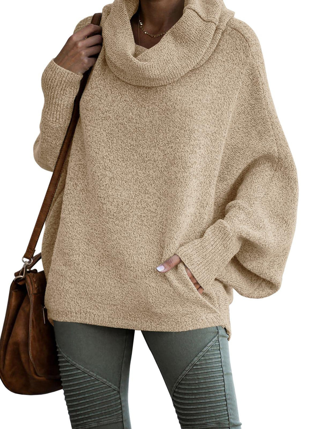 Women's Cowl Neck Pullover Sweaters with Pockets