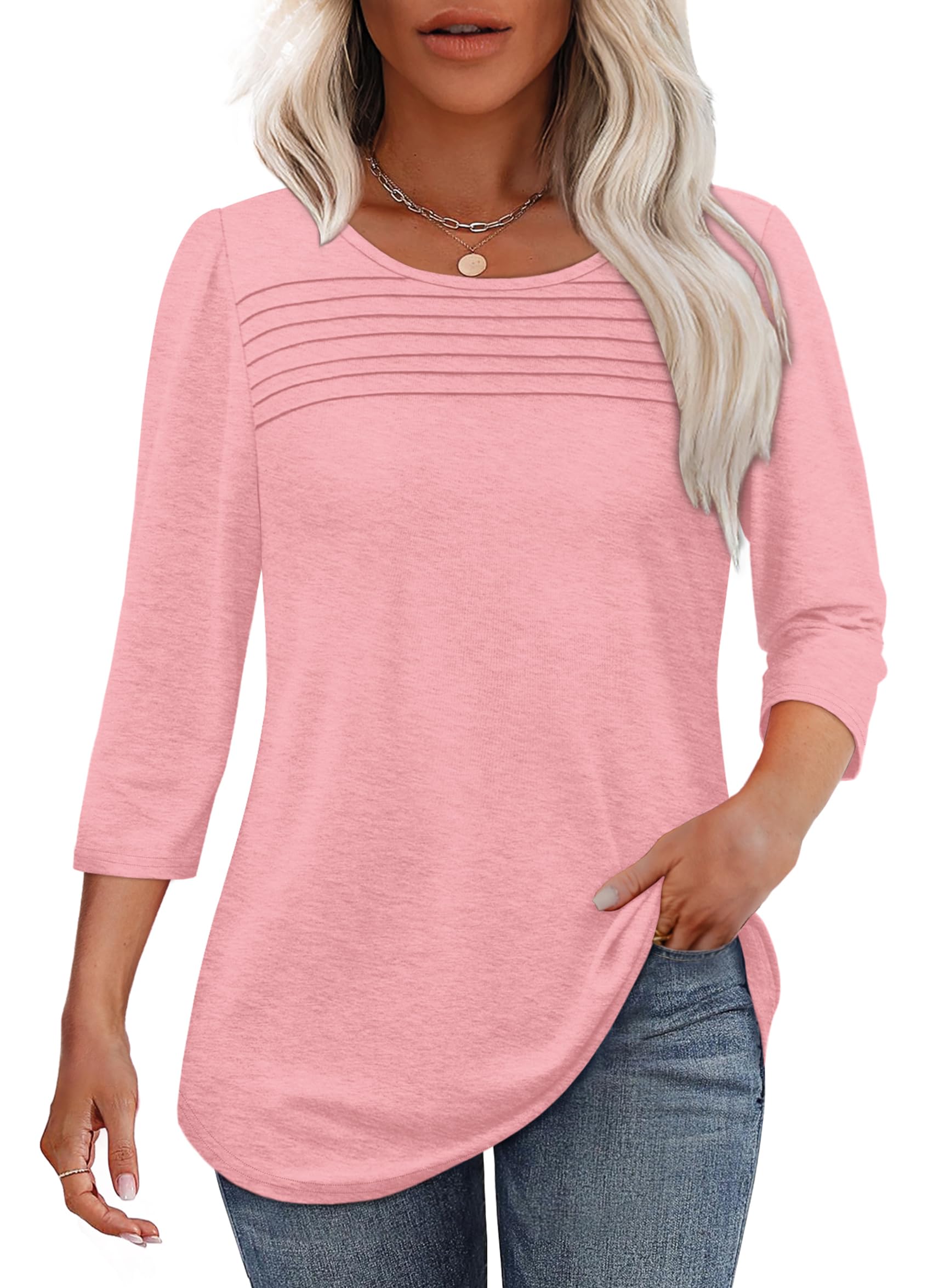 Women's 3/4 Length Sleeve Top Pleated Front T-Shirt