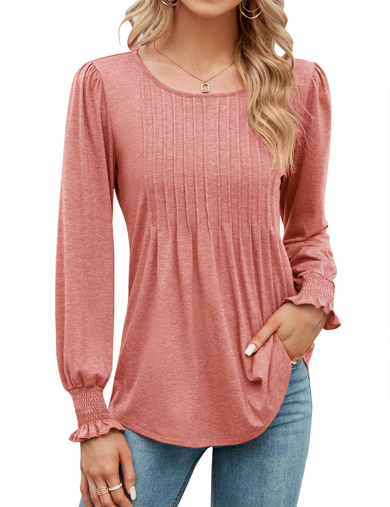 Women's Pleated Puff Long Sleeve Tunic Tops