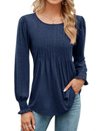 Women's Pleated Puff Long Sleeve Tunic Tops