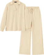 Women's Lapel V Neck Textured Lounge Sets