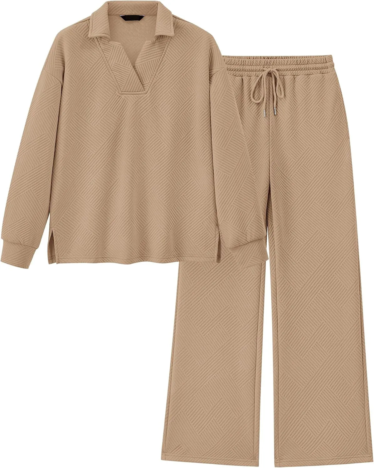 Women's Lapel V Neck Textured Lounge Sets