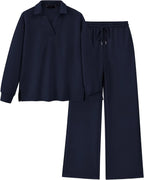 Women's Lapel V Neck Textured Lounge Sets