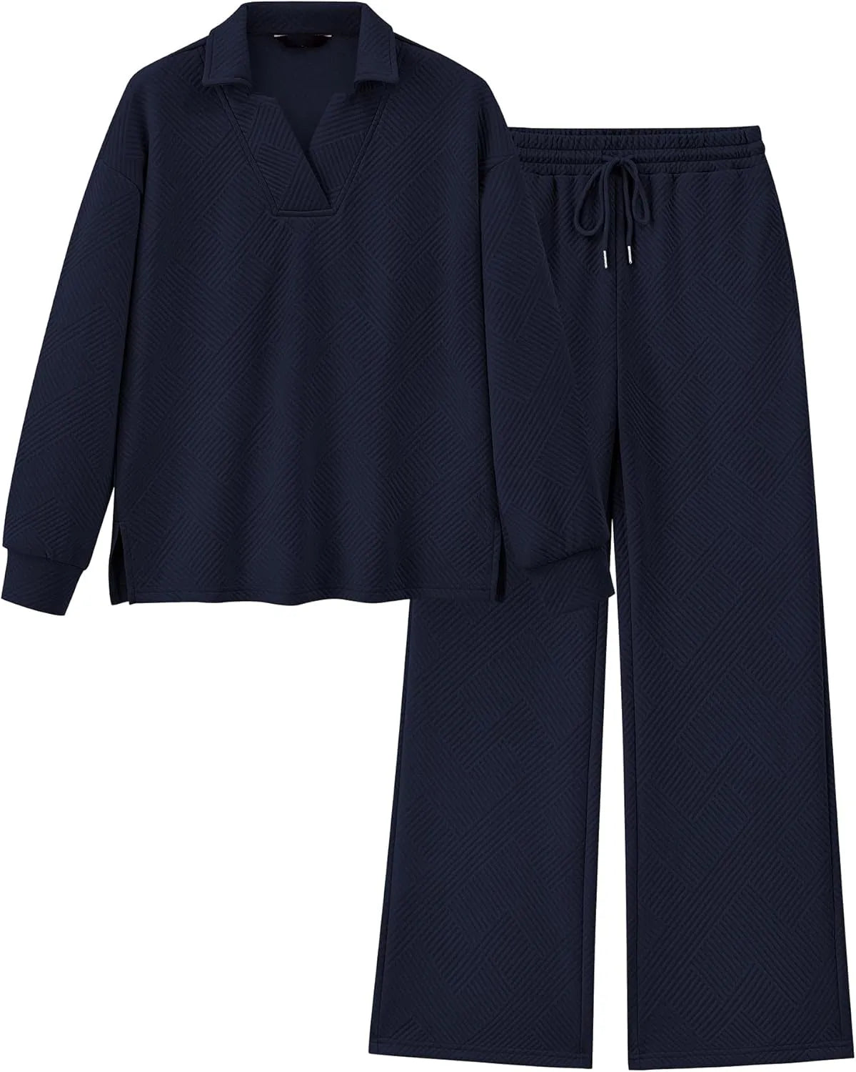 Women's Lapel V Neck Textured Lounge Sets