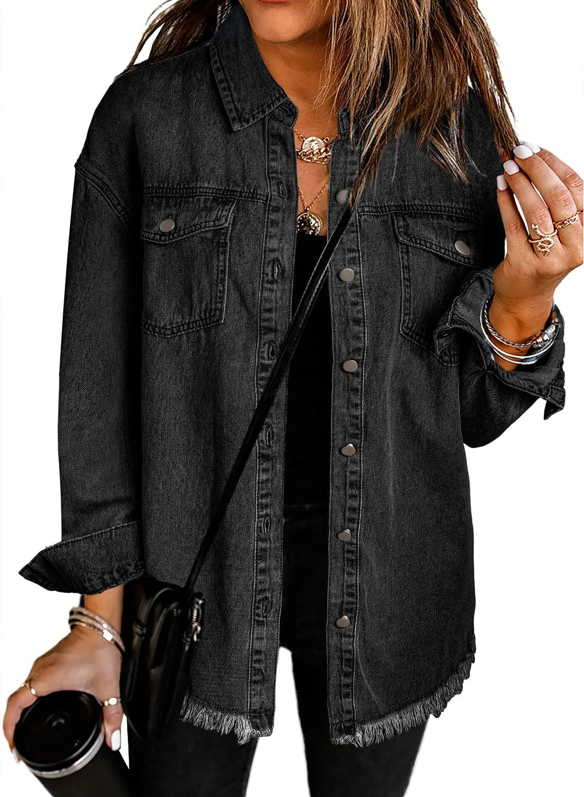 Women's Button Down Raw Edge Denim Jacket