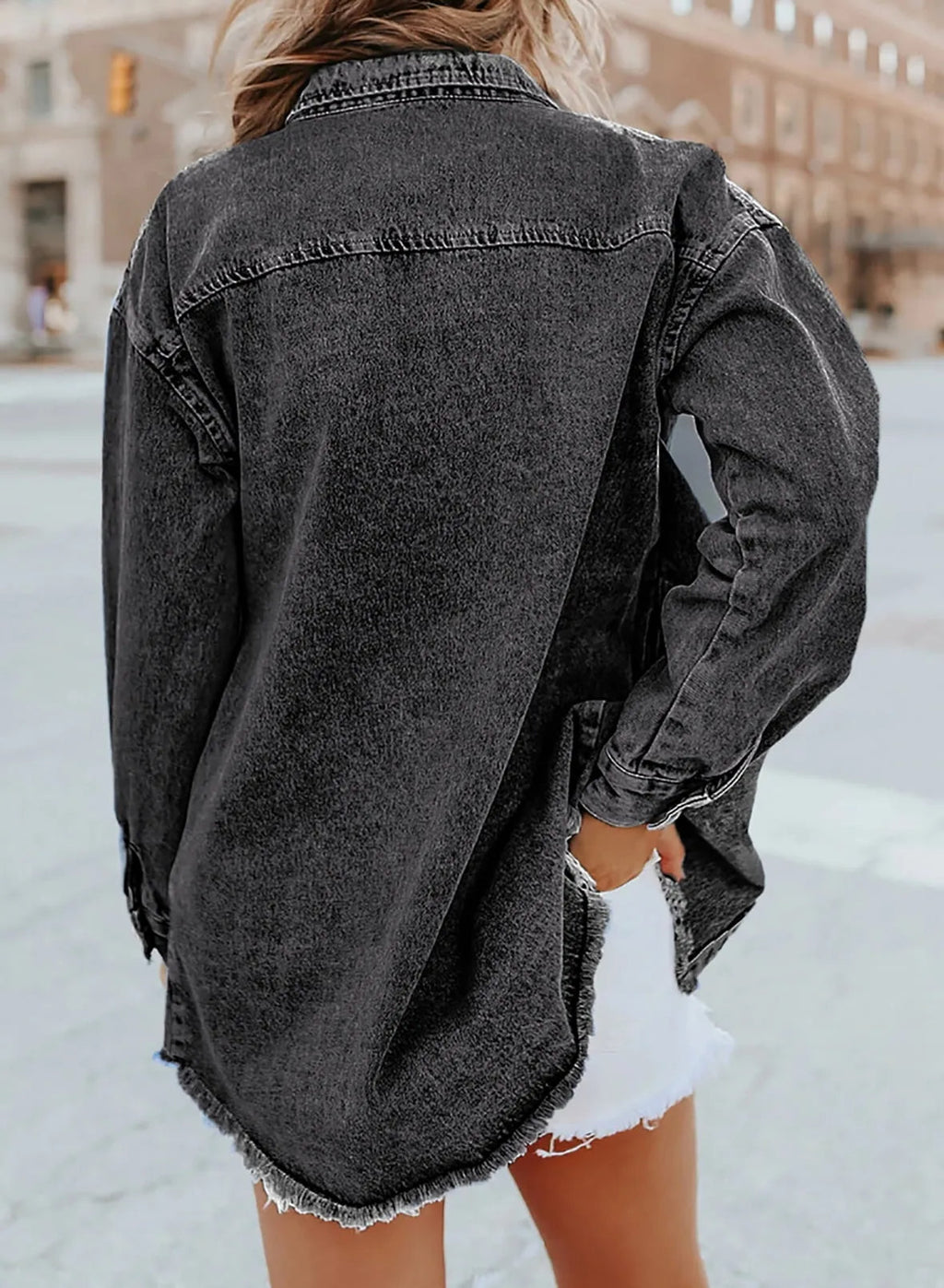 Women's Button Down Raw Edge Denim Jacket