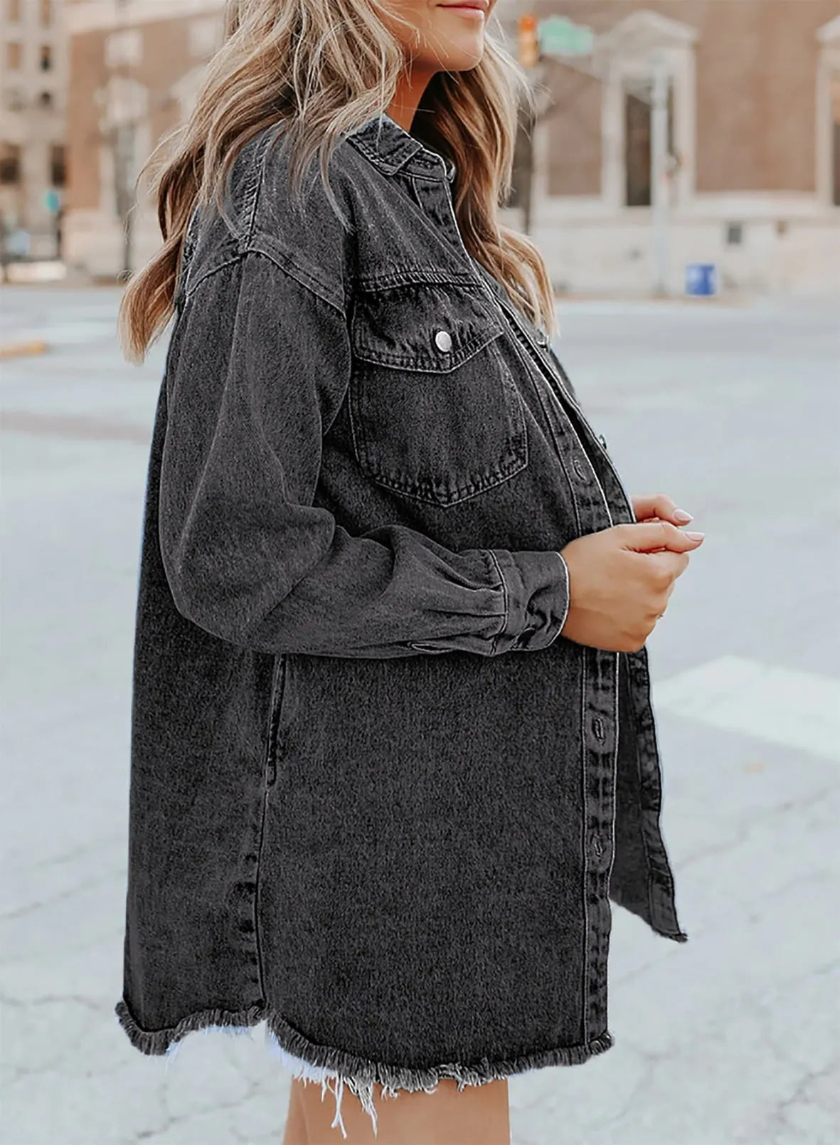 Women's Button Down Raw Edge Denim Jacket