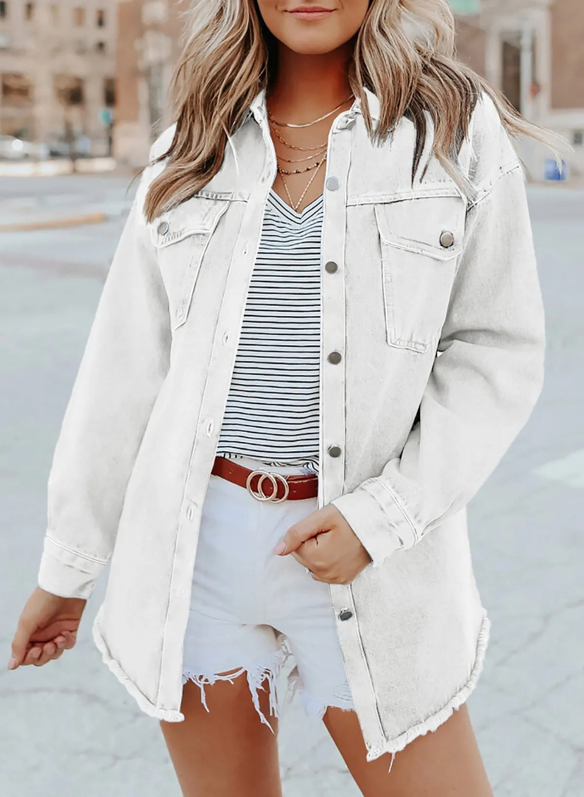 Women's Button Down Raw Edge Denim Jacket