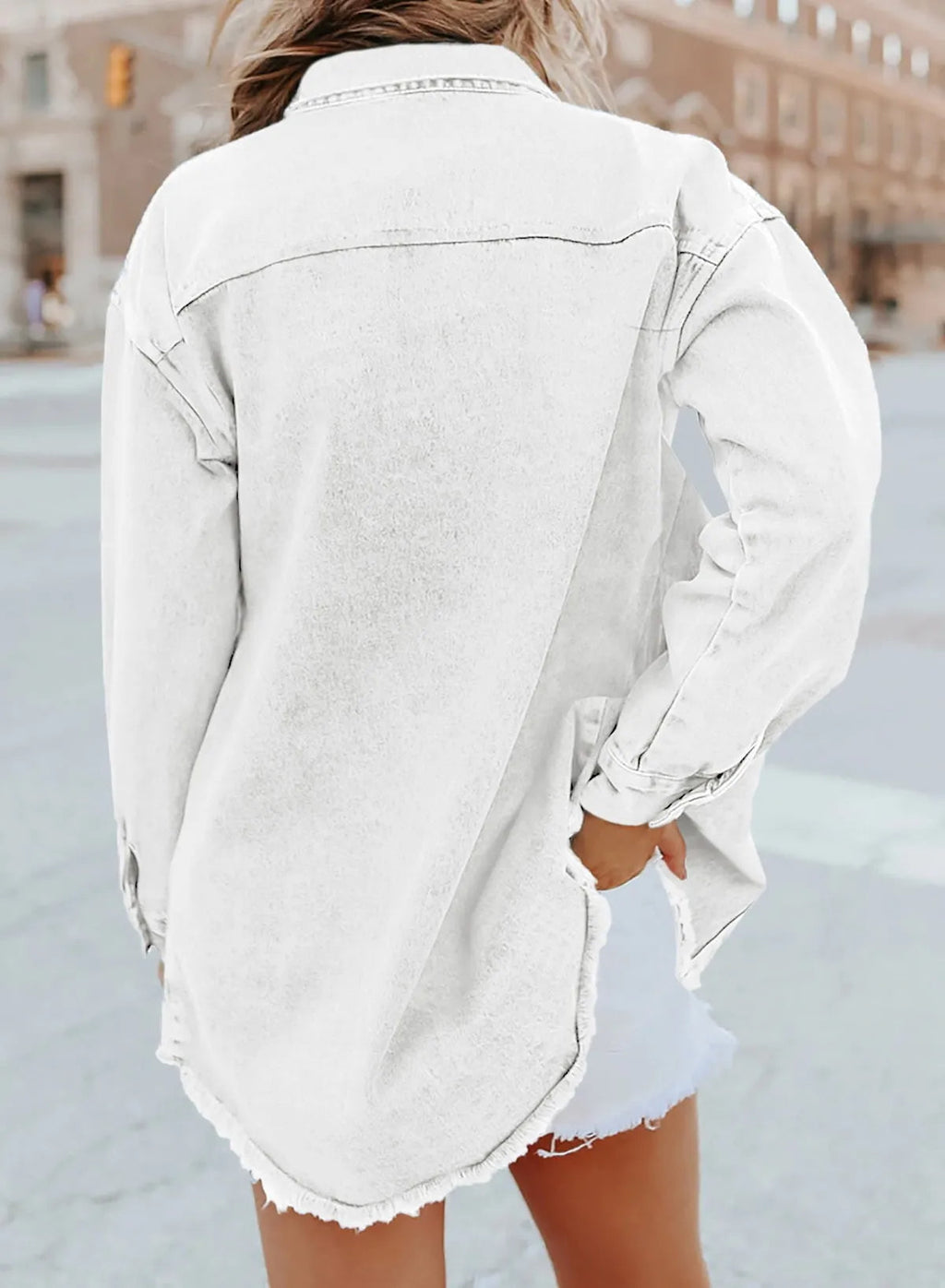 Women's Button Down Raw Edge Denim Jacket