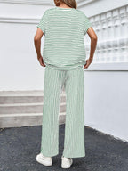Striped Short Sleeve T-Shirts Wide Leg Pants Two Piece Set (Buy 2 Free Shipping)