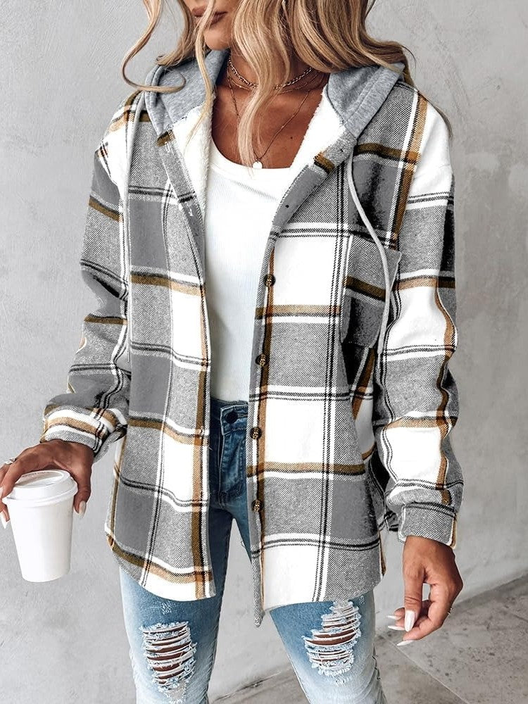 Women's Plaid Button Down Fleece Lined Hooded Jackets