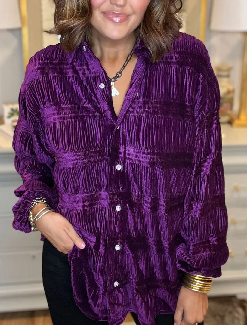 Women's Shirred Velvet Button Down Top