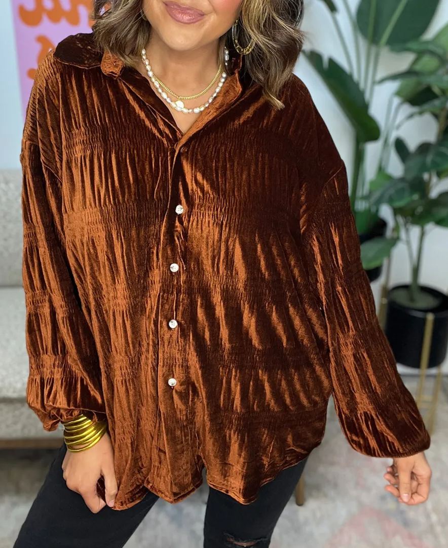 Women's Shirred Velvet Button Down Top