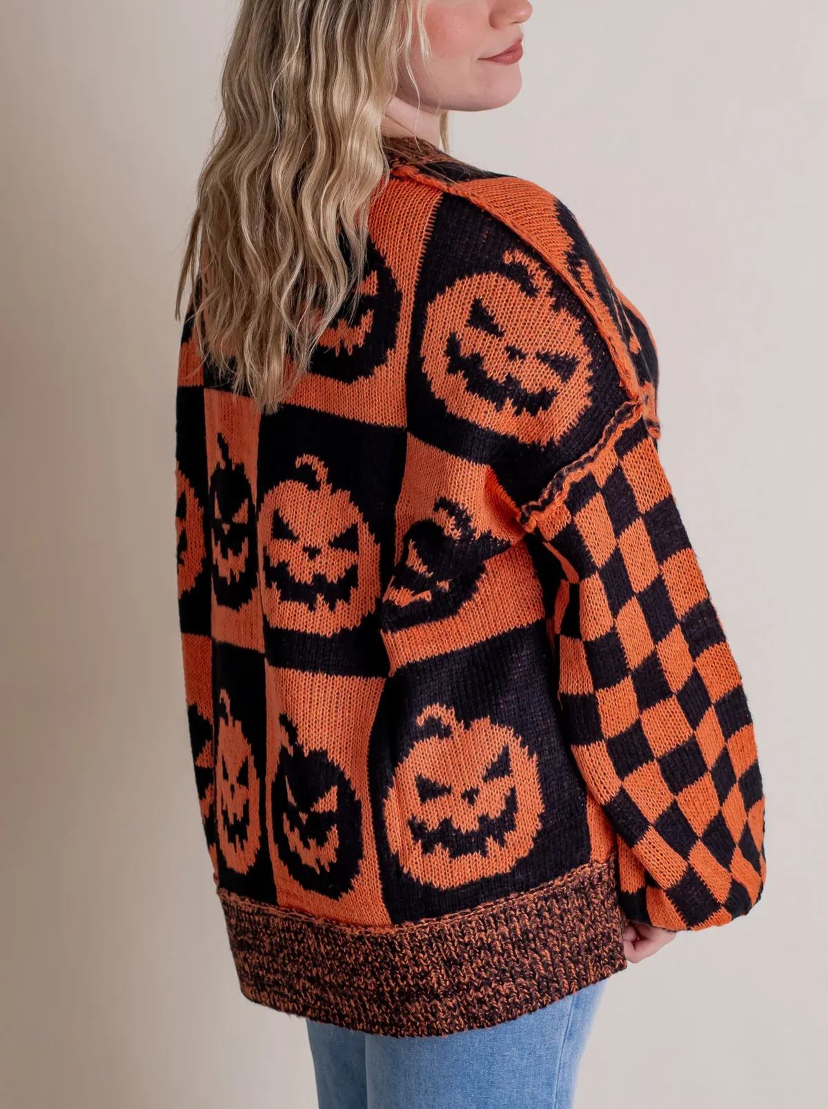 Women's Halloween Checkered Sweater - Spooky Season