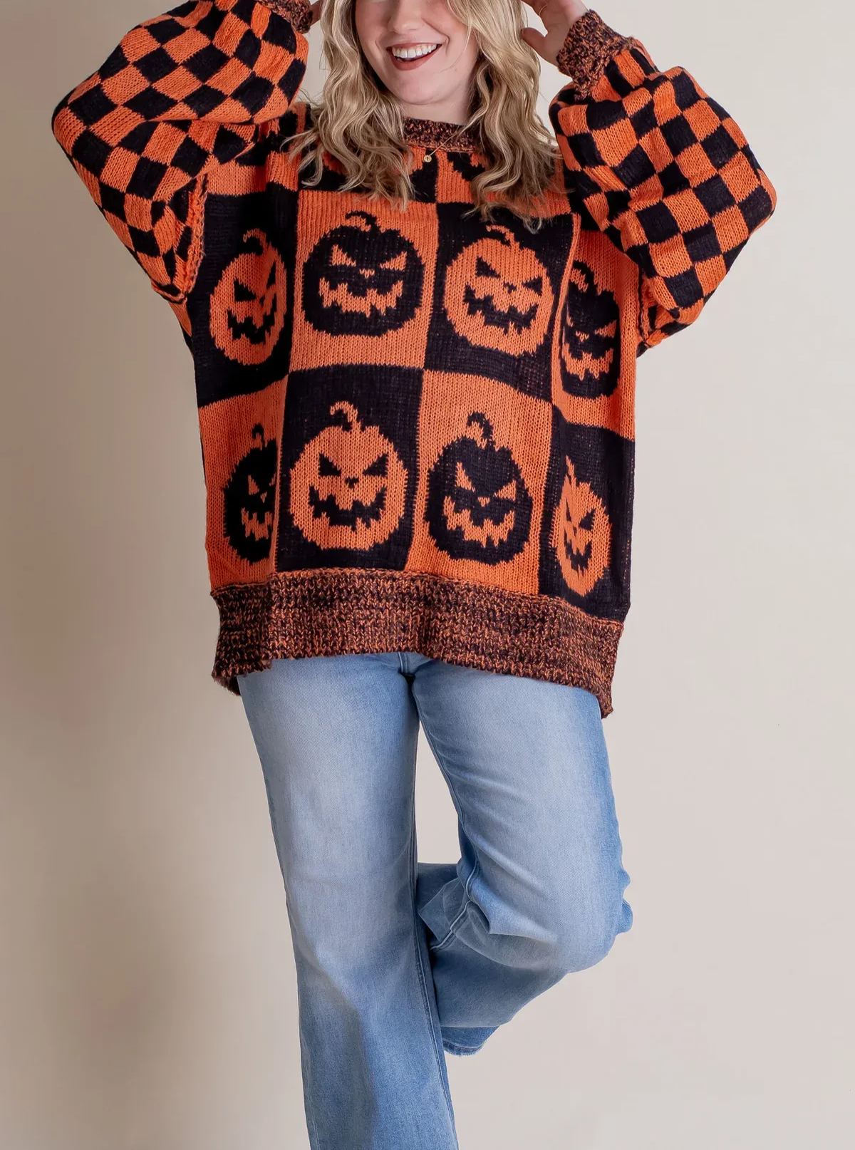 Women's Halloween Checkered Sweater - Spooky Season