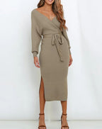 Women's Wrap V Neck Slit Sweater Dresses