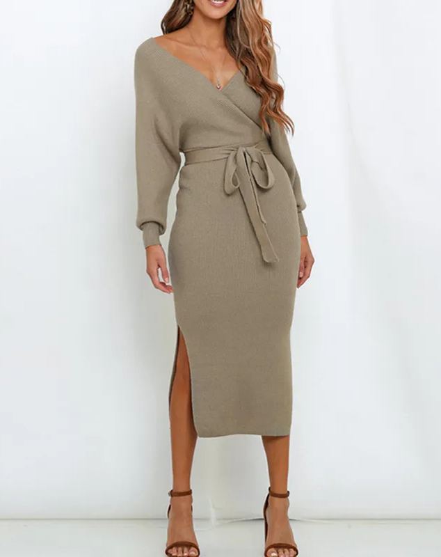Women's Wrap V Neck Slit Sweater Dresses