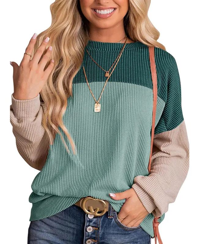Women's Crewneck Color Block Ribbed Tops