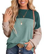 Women's Crewneck Color Block Ribbed Tops
