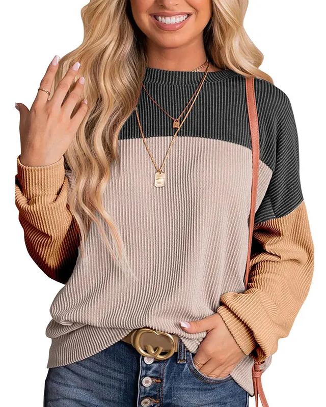 Women's Crewneck Color Block Ribbed Tops