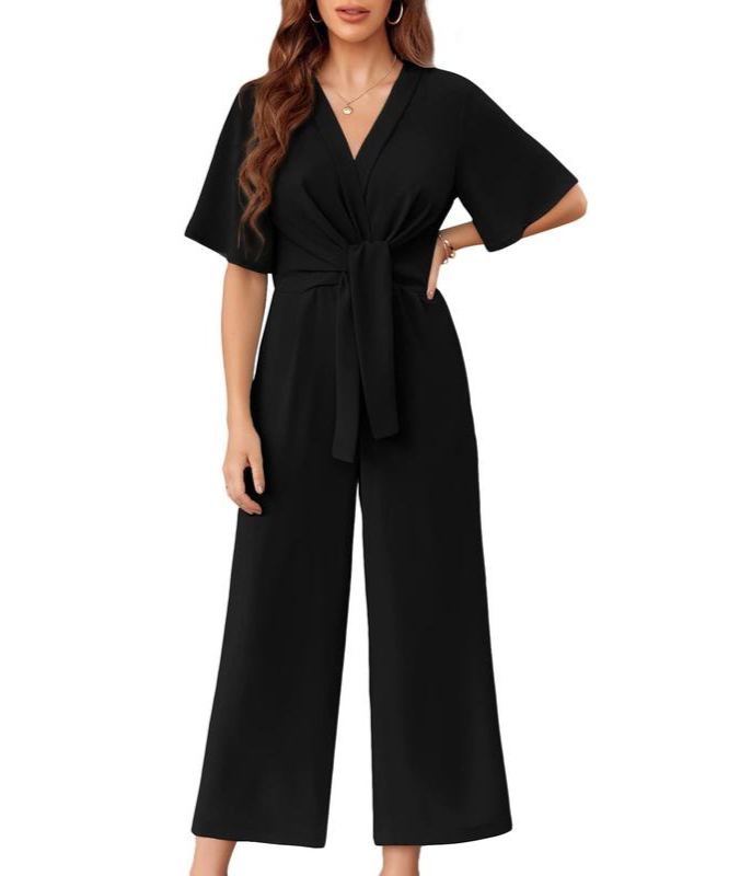 Women's V Neck Tie Knot Front Wide Leg Jumpsuits
