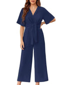 Women's V Neck Tie Knot Front Wide Leg Jumpsuits