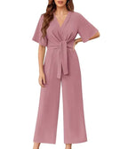 Women's V Neck Tie Knot Front Wide Leg Jumpsuits