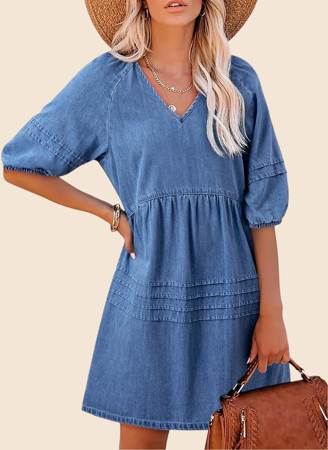 Women's V-Neck Denim Babydoll Dress