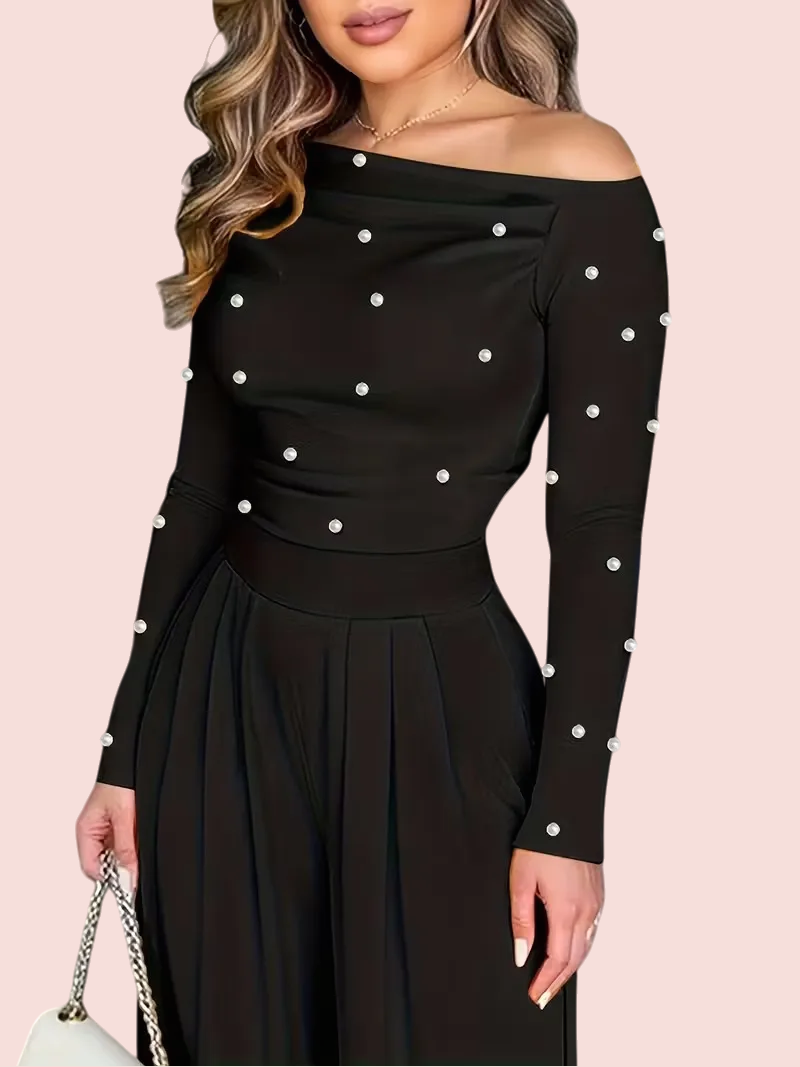 Women's Chic Off-Shoulder Jumpsuit With Pearls