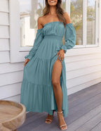 Women's Sexy Off Shoulder Side Split Flowy Maxi Dress