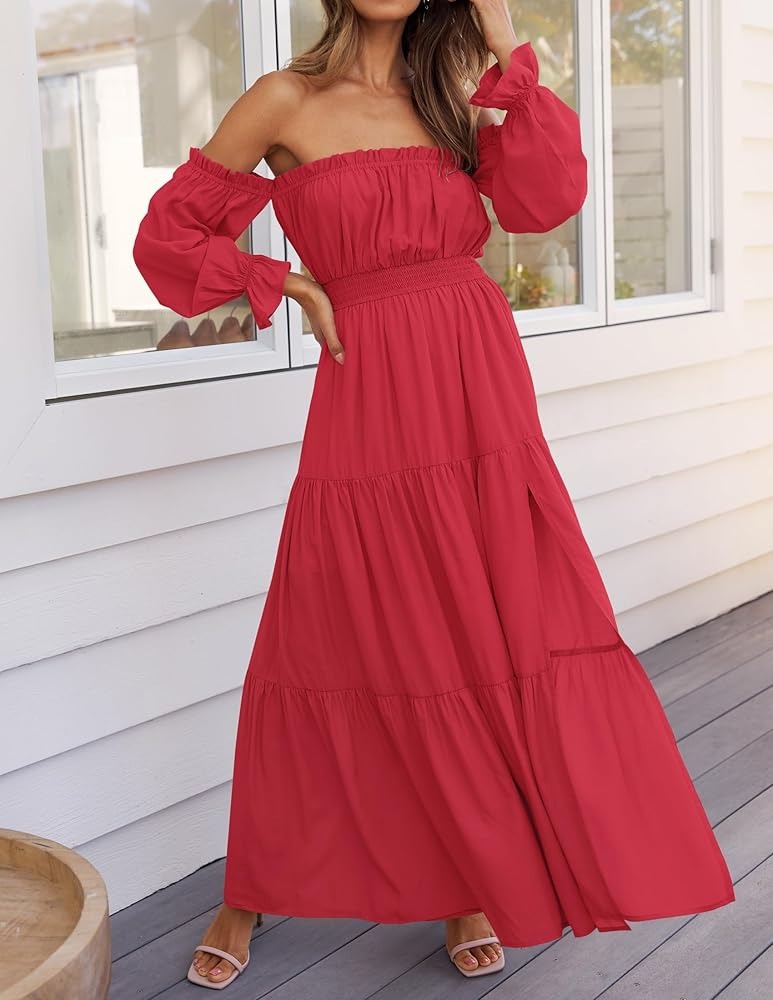 Women's Sexy Off Shoulder Side Split Flowy Maxi Dress