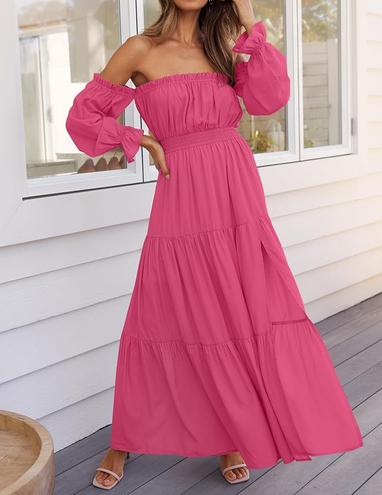 Women's Sexy Off Shoulder Side Split Flowy Maxi Dress