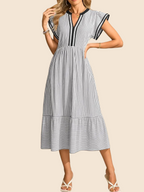 Women's Striped V-Neck Flutter Sleeve Long Dress